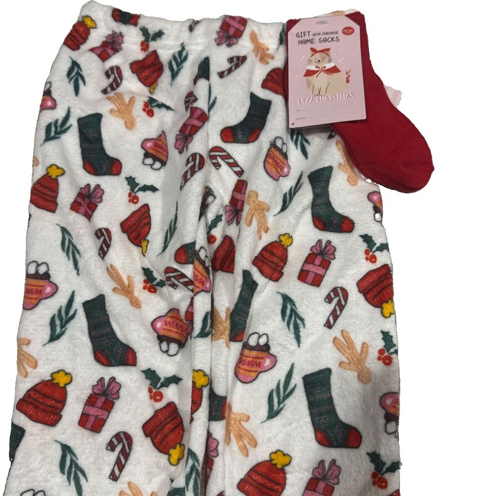 Girls Christmas Cozy Fleece Pull On Pajama Pants White With Socks Size 6